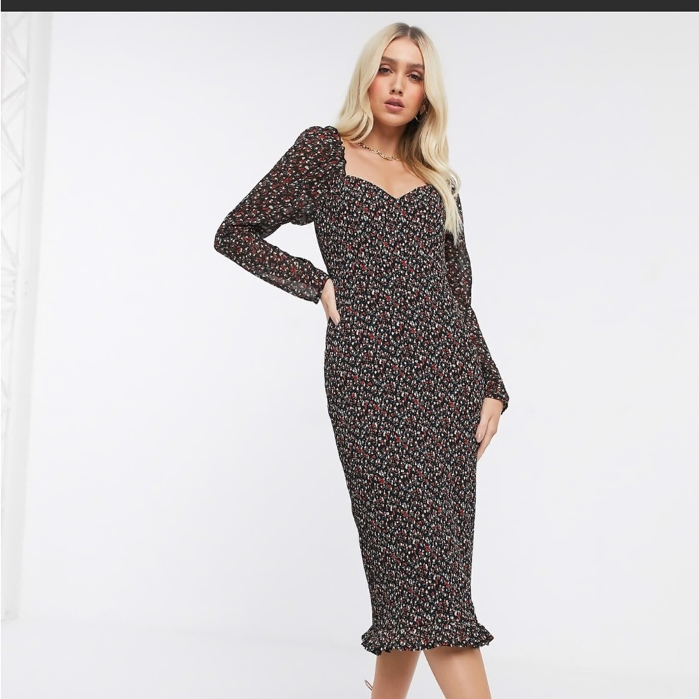 NWT MISSGUIDED Black Floral Print Plisse Midi Long Sleeve Dress 12